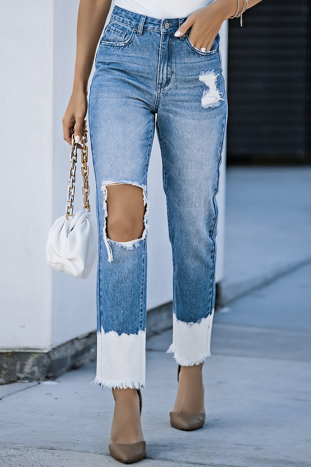 Contrast Distressed High Waist Jeans - Kinsley & Harlow