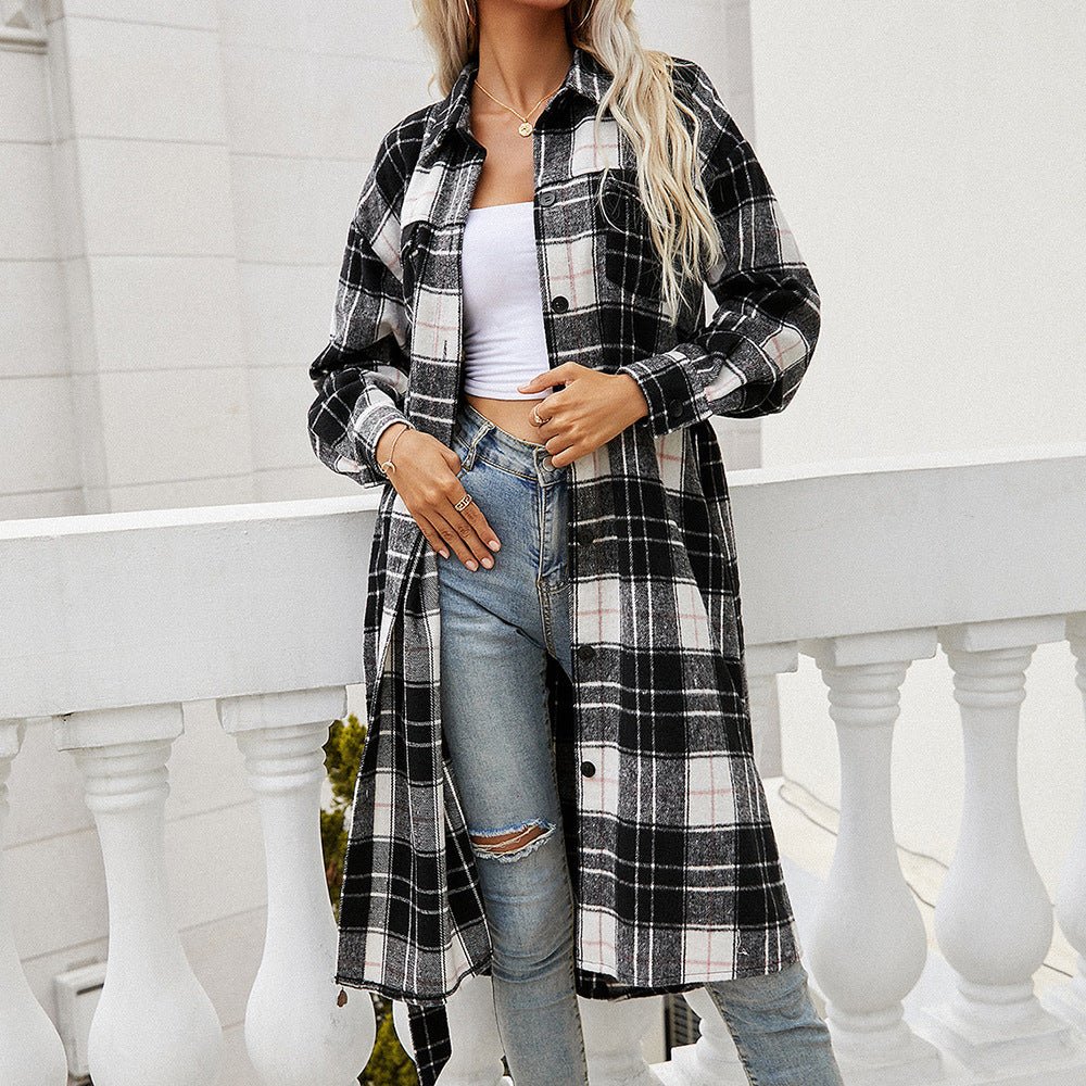 Plaid Belted Button Down Longline Shirt Jacket - Kinsley & Harlow