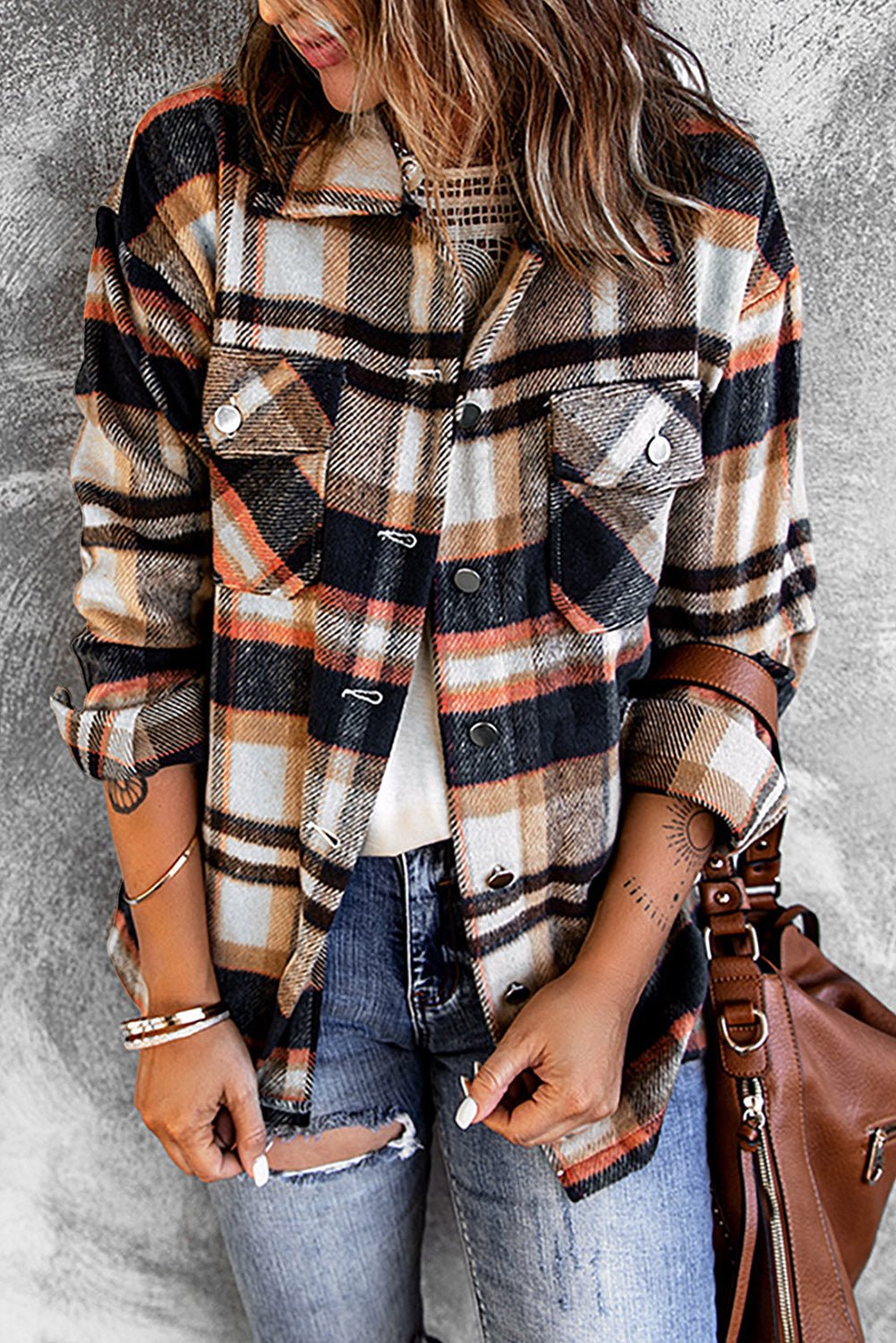 Plaid Button Front Shirt Jacket with Breast Pockets - Kinsley & Harlow
