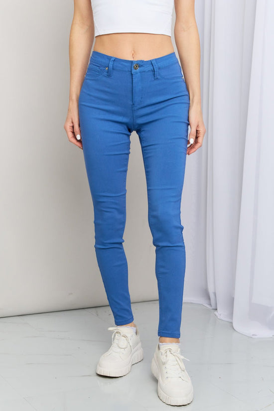 YMI Jeanswear Kate Hyper-Stretch Full Size Mid-Rise Skinny Jeans in Electric Blue - Kinsley & Harlow